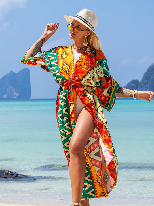 Saída de Praia Longa Estampada Kimono Geométrica