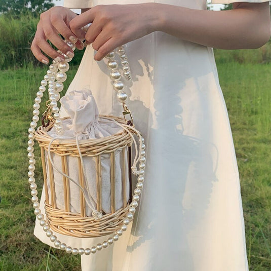 Bolsa de Praia de Bambu com Pérolas Formato Circular - SEREIA DE LUXO BEACH WEAR