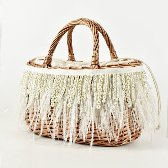 Bolsa de Praia de Bambu com Plumas e Pérolas Elis - SEREIA DE LUXO BEACH WEAR