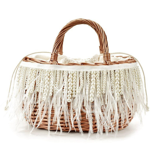 Bolsa de Praia de Bambu com Plumas e Pérolas Elis - SEREIA DE LUXO BEACH WEAR