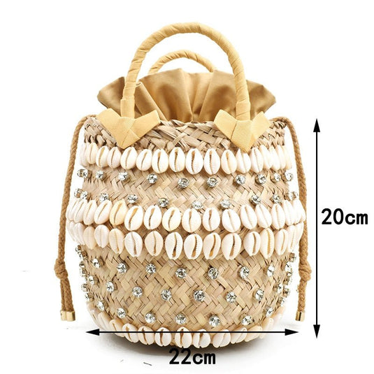 Bolsa de Praia de Palha Bordada com Búzios e Cristais - SEREIA DE LUXO BEACH WEAR