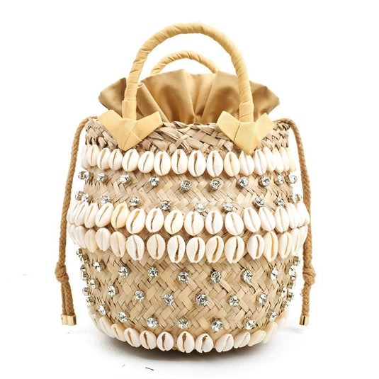 Bolsa de Praia de Palha Bordada com Búzios e Cristais - SEREIA DE LUXO BEACH WEAR