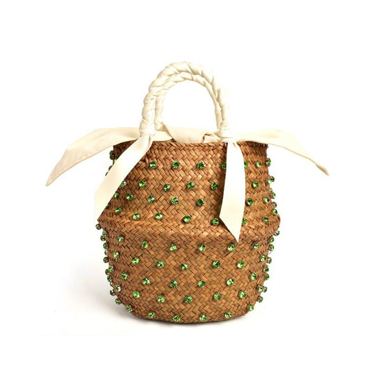 Bolsa de Praia de Palha Bordada com Cristais - SEREIA DE LUXO BEACH WEAR