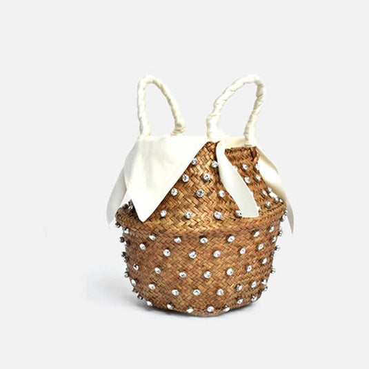 Bolsa de Praia de Palha Bordada com Cristais - SEREIA DE LUXO BEACH WEAR