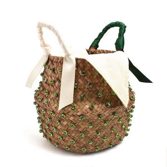 Bolsa de Praia de Palha Bordada com Cristais - SEREIA DE LUXO BEACH WEAR