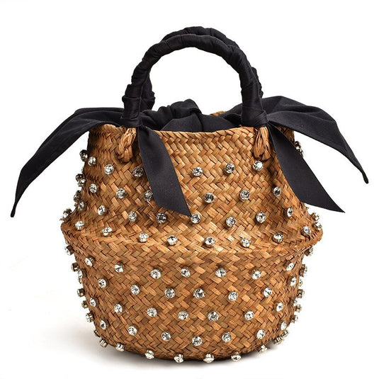 Bolsa de Praia de Palha Bordada com Cristais - SEREIA DE LUXO BEACH WEAR