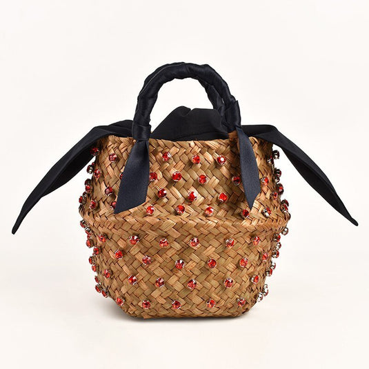 Bolsa de Praia de Palha Bordada com Cristais - SEREIA DE LUXO BEACH WEAR