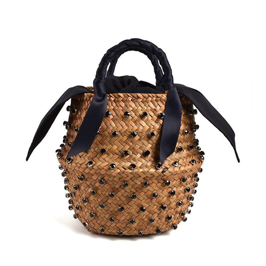 Bolsa de Praia de Palha Bordada com Cristais - SEREIA DE LUXO BEACH WEAR