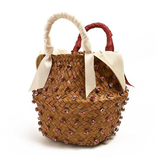 Bolsa de Praia de Palha Bordada com Cristais - SEREIA DE LUXO BEACH WEAR