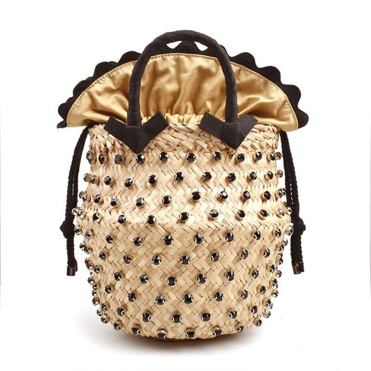 Bolsa de Praia de Palha Bordada com Cristais Diamond Black - SEREIA DE LUXO BEACH WEAR