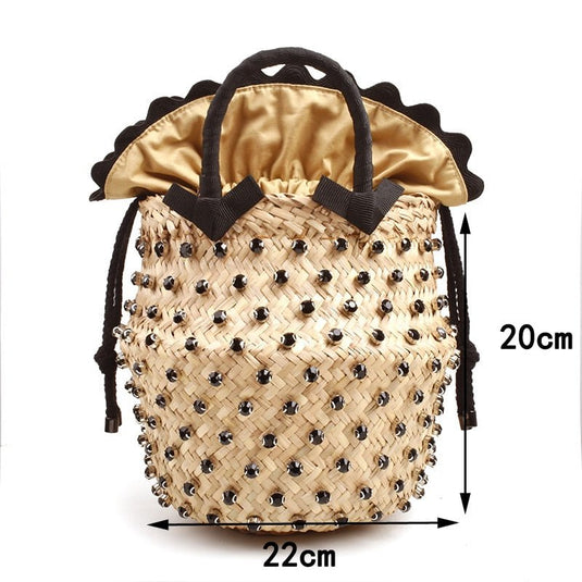 Bolsa de Praia de Palha Bordada com Cristais Diamond Black - SEREIA DE LUXO BEACH WEAR