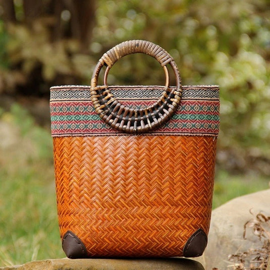 Bolsa de Praia de Palha com Alças de Bambu Sarí - SEREIA DE LUXO BEACH WEAR