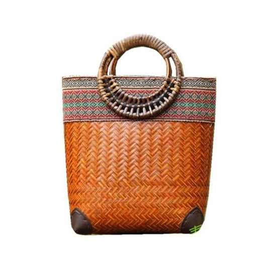 Bolsa de Praia de Palha com Alças de Bambu Sarí - SEREIA DE LUXO BEACH WEAR