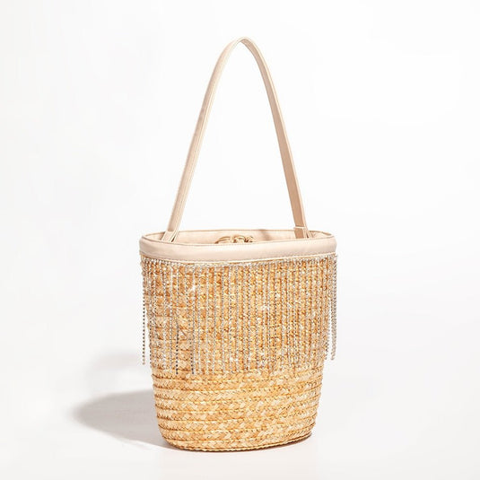 Bolsa de Praia de Palha com Franja de Strass Katarina - SEREIA DE LUXO BEACH WEAR