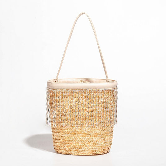 Bolsa de Praia de Palha com Franja de Strass Katarina - SEREIA DE LUXO BEACH WEAR