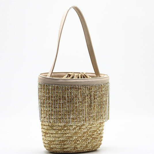 Bolsa de Praia de Palha com Franjas em Strass Ayanna - SEREIA DE LUXO BEACH WEAR