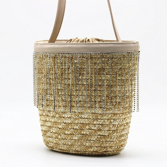 Bolsa de Praia de Palha com Franjas em Strass Ayanna - SEREIA DE LUXO BEACH WEAR