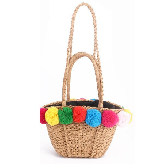 Bolsa de Praia de Palha com Pompom - SEREIA DE LUXO BEACH WEAR