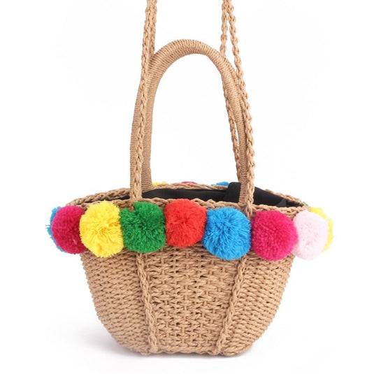 Bolsa de Praia de Palha com Pompom - SEREIA DE LUXO BEACH WEAR