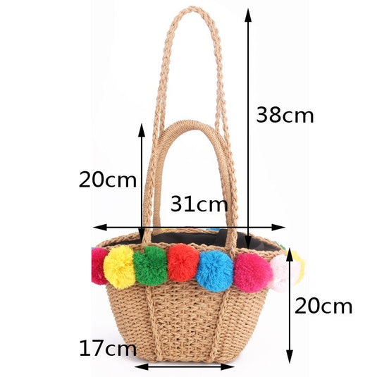 Bolsa de Praia de Palha com Pompom - SEREIA DE LUXO BEACH WEAR