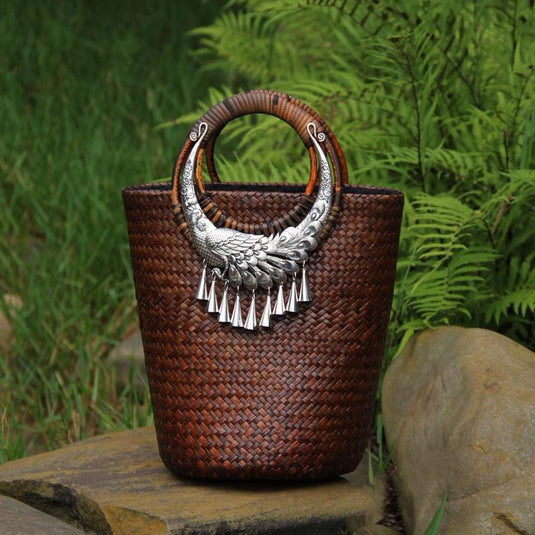 Bolsa de Praia de Palha Costa Rica com Alças de mão em Bambu e Metal - SEREIA DE LUXO BEACH WEAR