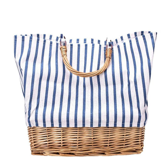 Bolsa de Praia de Palha de Bambu com Tecido Listrado Azul Mirela - SEREIA DE LUXO BEACH WEAR