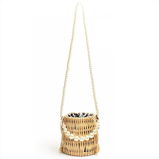 Bolsa de Praia de Palha de Bambu Modelo Circular com Alças de Pérolas Sophia - SEREIA DE LUXO BEACH WEAR