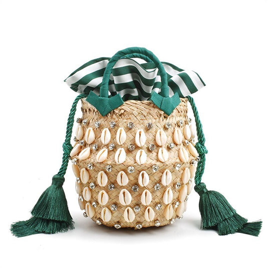 Bolsa de Praia de Palha Nara Bordada com Búzios e Cristais - SEREIA DE LUXO BEACH WEAR