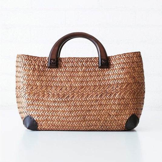 Bolsa de Praia de Palha Romana com Alça de mão em Bambu - SEREIA DE LUXO BEACH WEAR