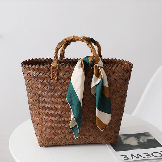 Bolsa de Praia de Palha Trançada com Alça de Mão de Bambu Eslô - SEREIA DE LUXO BEACH WEAR