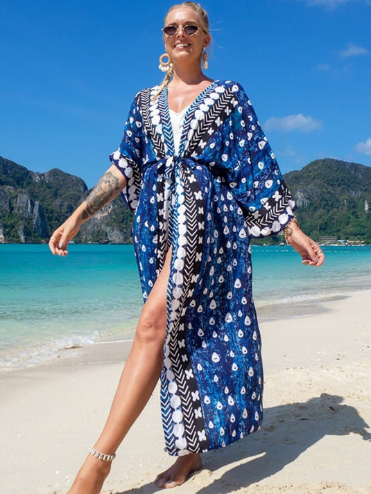 Saída de Praia Longa Estampada Kimono Elsa - SEREIA DE LUXO BEACH WEAR