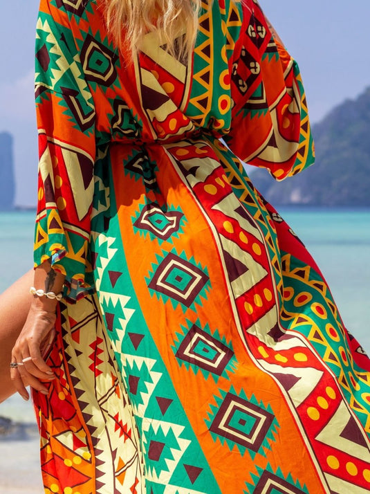 Saída de Praia Longa Estampada Kimono Geométrica - SEREIA DE LUXO BEACH WEAR