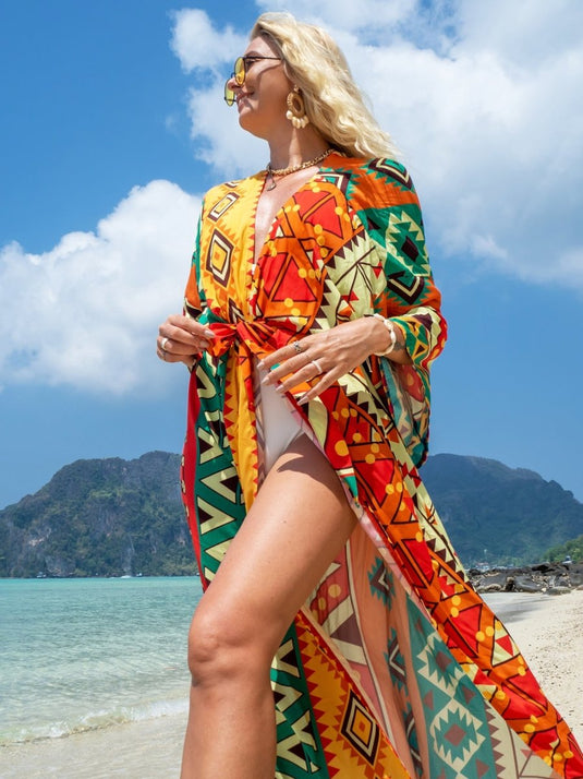 Saída de Praia Longa Estampada Kimono Geométrica - SEREIA DE LUXO BEACH WEAR