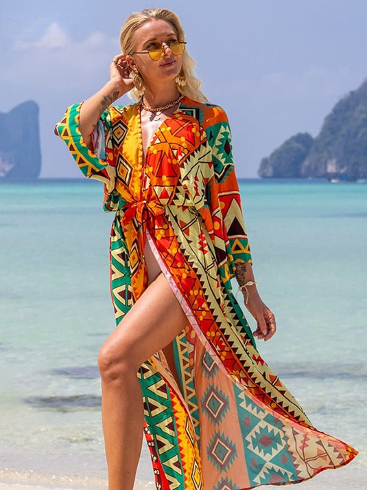 Saída de Praia Longa Estampada Kimono Geométrica - SEREIA DE LUXO BEACH WEAR