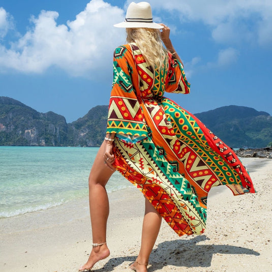 Saída de Praia Longa Estampada Kimono Geométrica - SEREIA DE LUXO BEACH WEAR