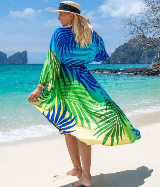 Saída de Praia Longa Estampada Kimono Leaf - SEREIA DE LUXO BEACH WEAR