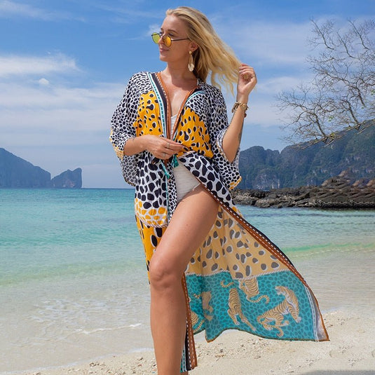 Saída de Praia Longa Estampada Kimono Leopardo - SEREIA DE LUXO BEACH WEAR