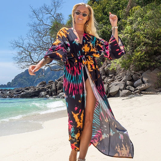 Saída de Praia Longa Estampada Kimono Preto Tie Dye - SEREIA DE LUXO BEACH WEAR