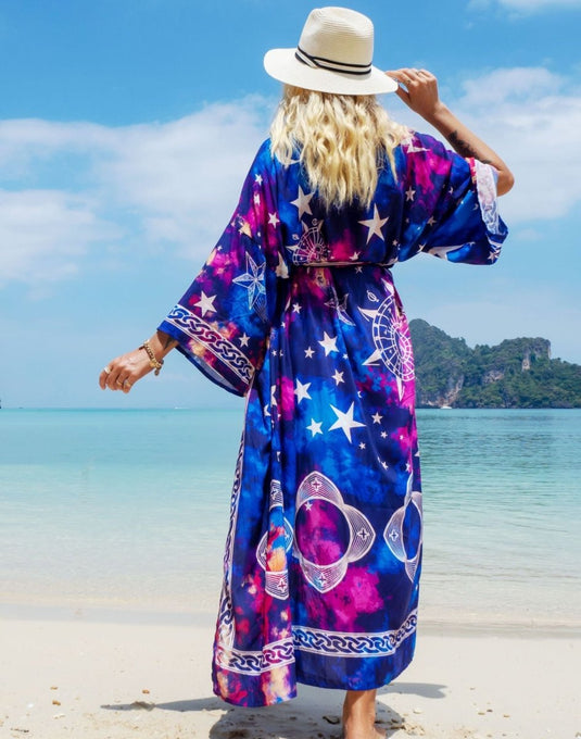 Saída de Praia Longa Kimono Estampada Moon Star - SEREIA DE LUXO BEACH WEAR