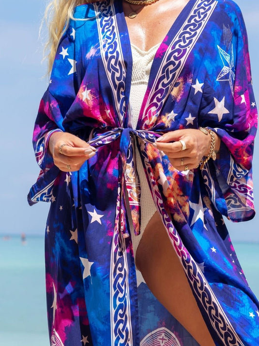 Saída de Praia Longa Kimono Estampada Moon Star - SEREIA DE LUXO BEACH WEAR