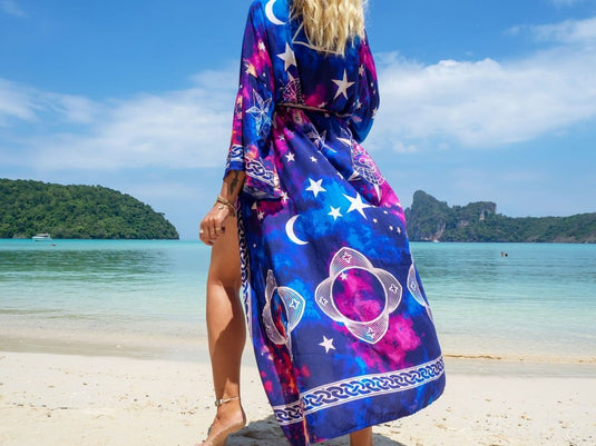 Saída de Praia Longa Kimono Estampada Moon Star - SEREIA DE LUXO BEACH WEAR