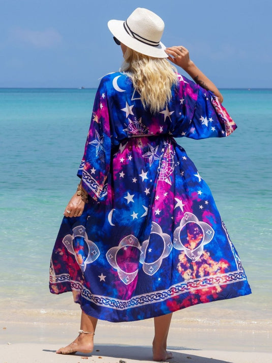 Saída de Praia Longa Kimono Estampada Moon Star - SEREIA DE LUXO BEACH WEAR