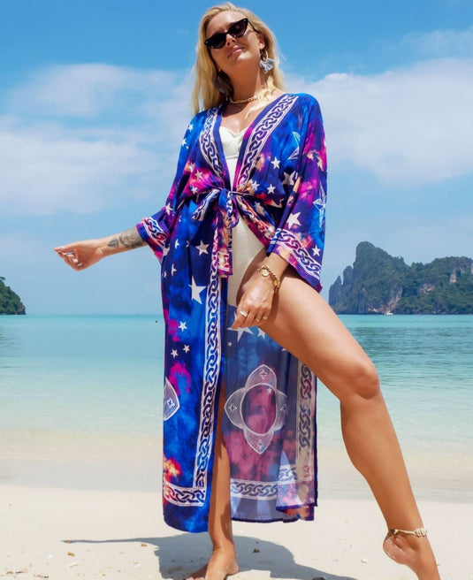 Saída de Praia Longa Kimono Estampada Moon Star - SEREIA DE LUXO BEACH WEAR