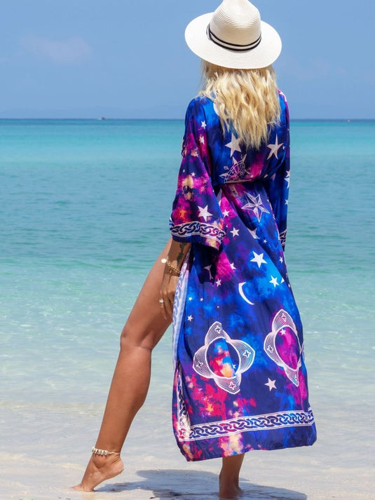 Saída de Praia Longa Kimono Estampada Moon Star - SEREIA DE LUXO BEACH WEAR