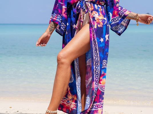 Saída de Praia Longa Kimono Estampada Moon Star - SEREIA DE LUXO BEACH WEAR